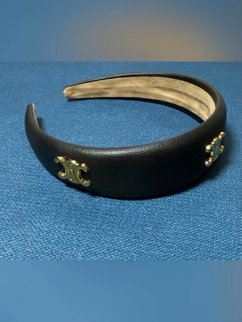 Celine black 3 gold tone Triomphe vegan leather wide headband. New